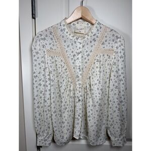 Easy Clothes Beige Floral Shirt Crochet Lace Blouse S/M